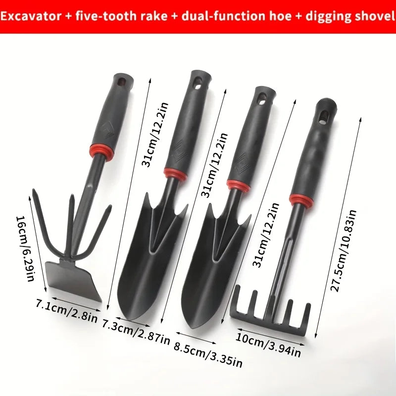 A Set of Four Outdoor Gardening Tools Including a Small Shovel for Planting Flowers, a Five-Pronged Rake, a Double-Headed Rake